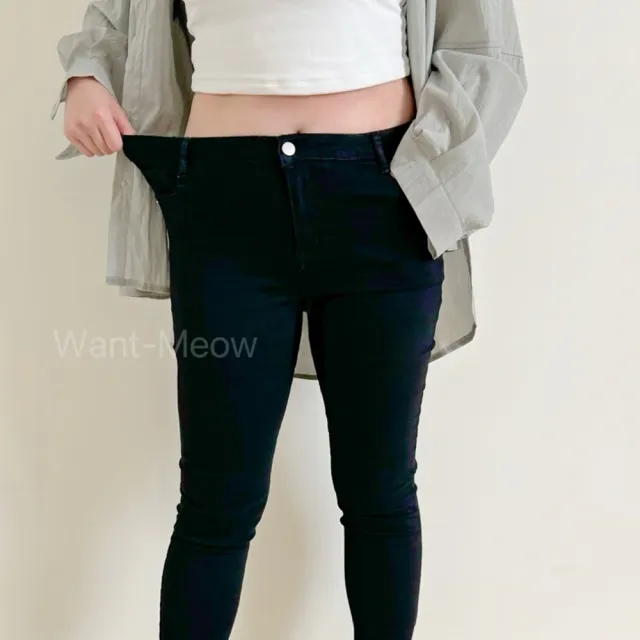 【Want-Meow】95公斤可穿/獨家訂製Q彈黑色超顯瘦牛仔褲中大尺碼長褲(大尺碼/大碼/下著)