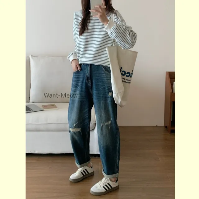 【Want-Meow】95公斤可穿/激推舒適彈力質感重工高腰鬆緊腰男友直筒褲牛仔褲長褲(大尺碼/大碼/下著)