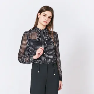 【KeyWear 奇威名品】微透膚蝴蝶結方格雪紡長袖襯衫