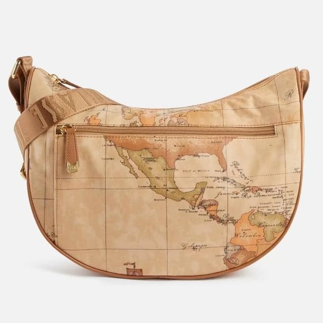 【Alviero Martini】義大利地圖包 輕量尼龍水餃前口袋斜側背包36cm-地圖黃 (PU)
