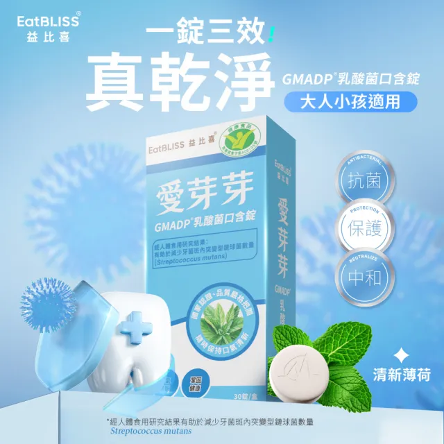 【EatBLISS 益比喜】健字號愛芽芽GMADP☆乳酸菌口含錠4入組(30錠/盒 口氣清新 增加好菌減少壞菌)