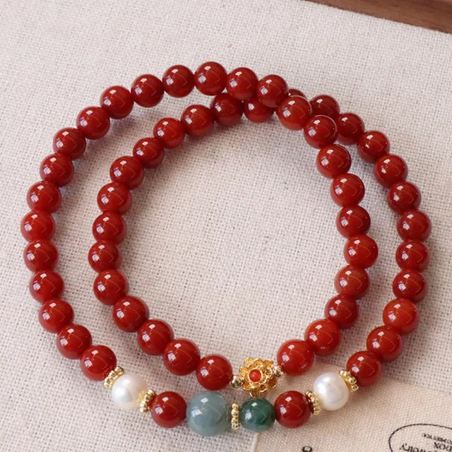 【勝弘珠寶】天然南紅瑪瑙藍水翡翠珍珠蓮花雙圈手鏈
