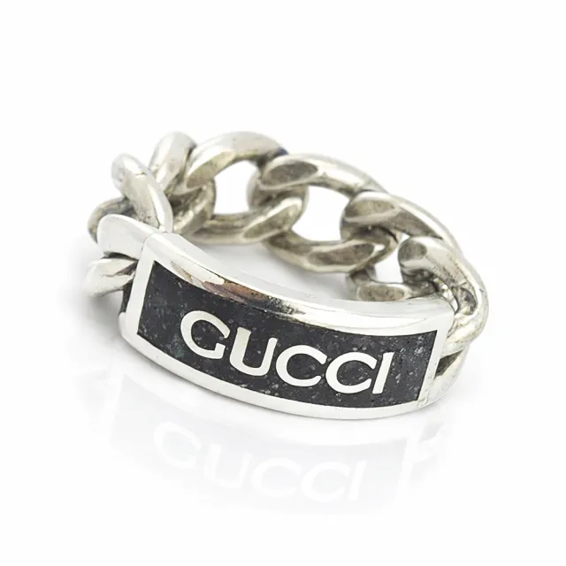【GUCCI 古馳】台灣現貨-復古925純銀-黑色大理石紋琺瑯吊牌旋轉鍊帶戒指(展示品)