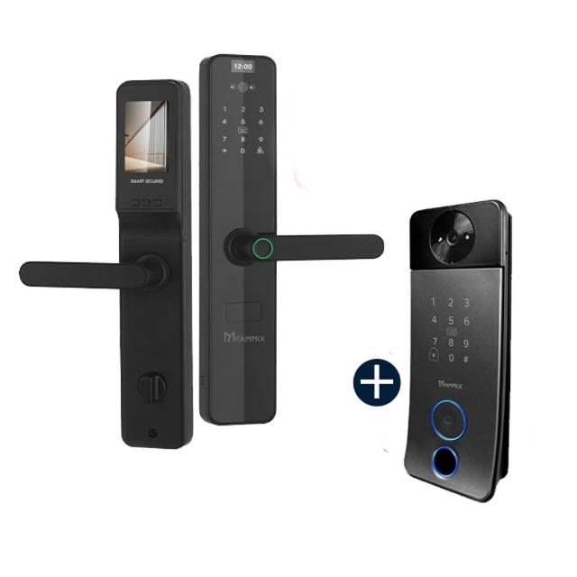 (1+1雙鎖組合)【FAMMIX 菲米斯】SAFER-P1 貓眼把手式電子鎖+貓眼門鈴抓拍小叮鎖