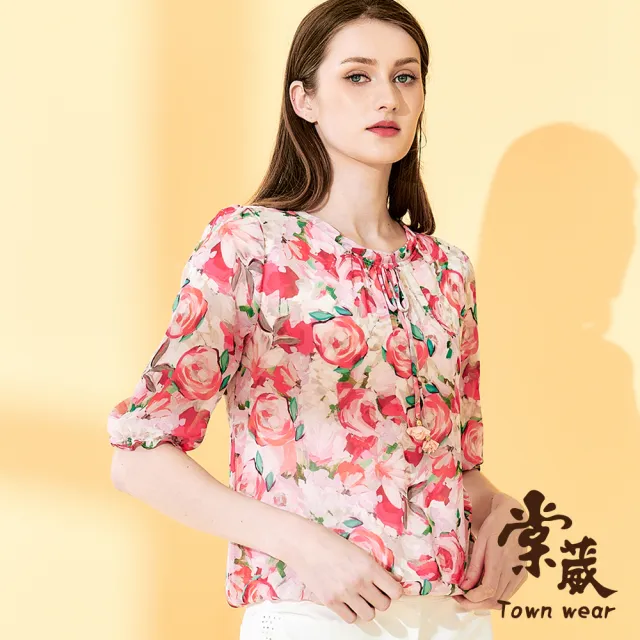 【TOWN’WEAR 棠葳】滿版花卉綁帶雪紡衫(中大尺碼/女上衣/女上著/雪紡/七分袖/透膚)