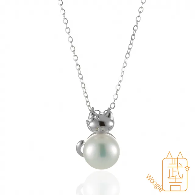 【Woogie武吉珠寶】招財貓水鑽天然淡水珍珠純銀套鍊(8mm)