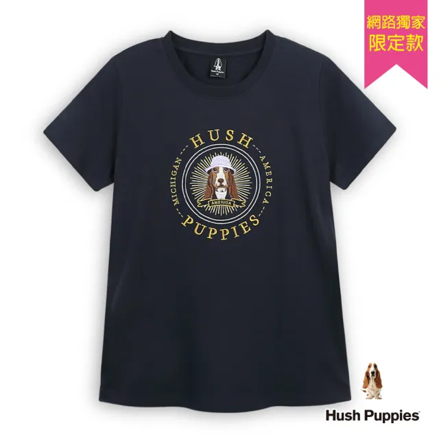 【Hush Puppies】女裝 T恤 經典漁夫帽狗圓章T恤 (丈青 / 63211901)