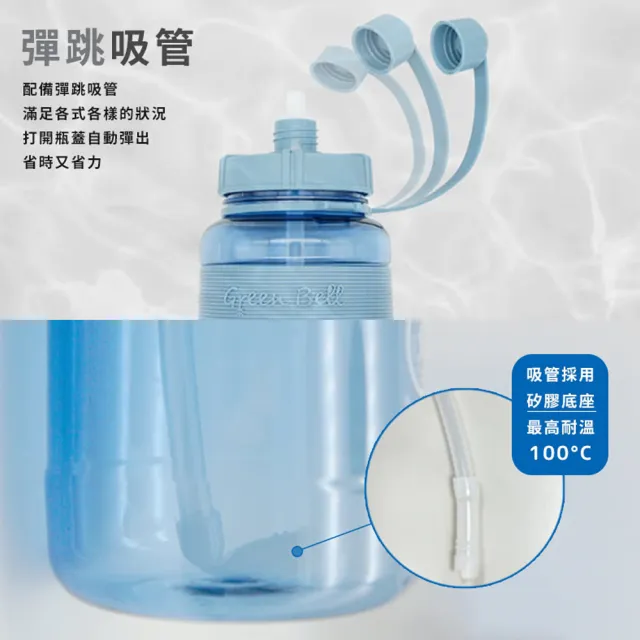 【GREEN BELL 綠貝】手提彈跳吸管運動太空水壺1500ml-附背帶2入組(大容量 耐摔 寬口 健身 環保 不含BPA)
