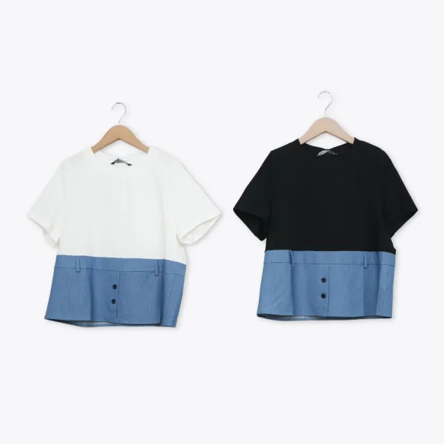 【MASTINA】圓領拼接牛仔下擺短袖T 黑 白(魅力商品)