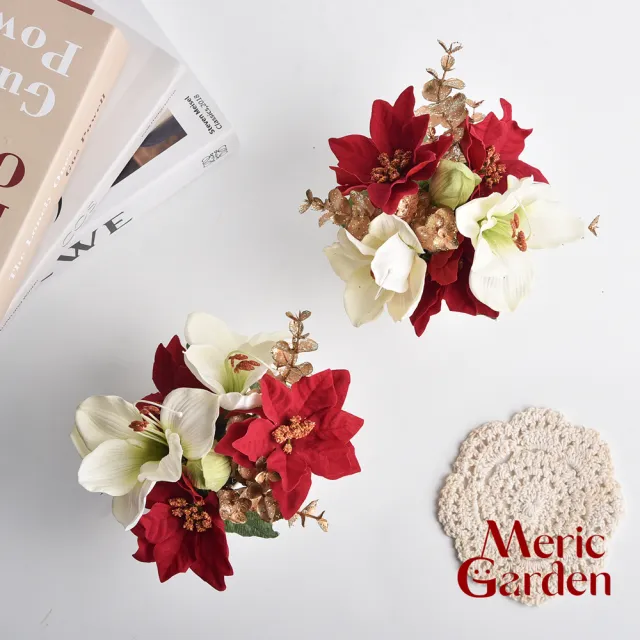 【Meric Garden】高仿真台灣手工限定白雪聖誕紅小盆栽2入組(人造聖誕 聖誕裝飾 聖誕禮盒 交換禮物)