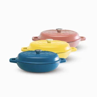 【Mins London】琺瑯鑄鐵鍋淺鍋 30cm（孔雀藍）(平底鍋 炒鍋 IH爐 / 烤箱 / 電爐適用)