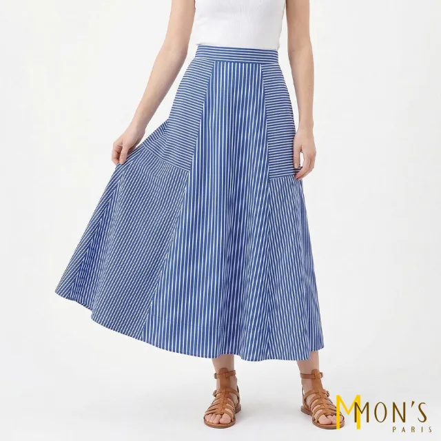 【MON’S】高腰不對稱條紋傘裙子(直)