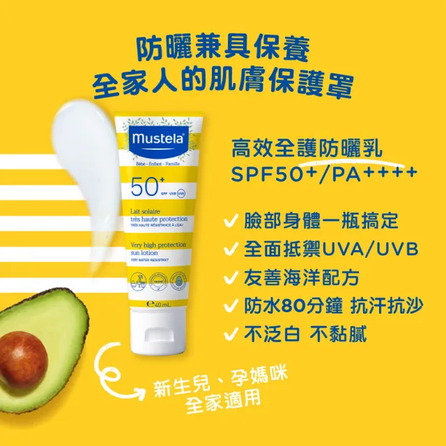【Mustela 慕之恬廊】外出防曬組(高效防曬乳40ml+免用水潔淨液300ml+修護霜40ml 兒童/孕婦/全家適用)