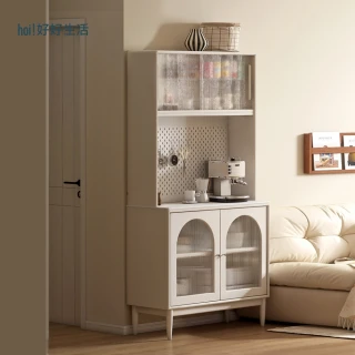 【hoi! 好好生活】預購60天★YW白帽子奶油風橡膠木實木洞洞板上架儲物岩板餐櫃0.85M A286Q01