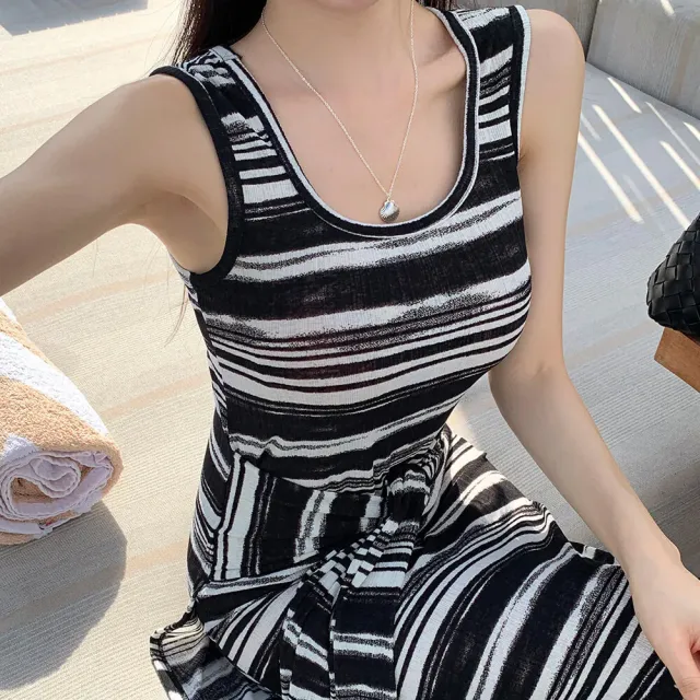 【SeasonsBikini 】條紋顯瘦綁帶修身長洋裝-19