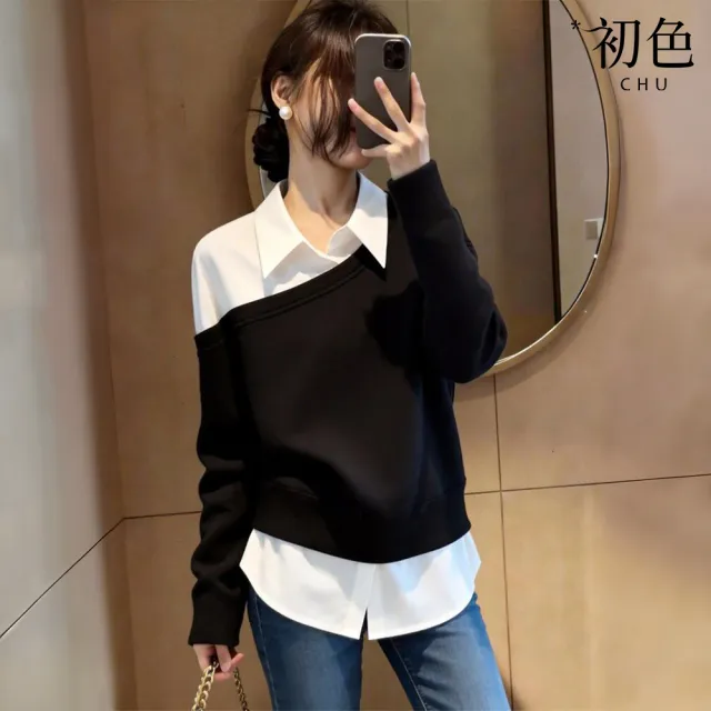 【初色】通勤風簡約拼接撞色假兩件翻領長袖襯衫上衣女上衣-共2色-19694(M-2XL可選)
