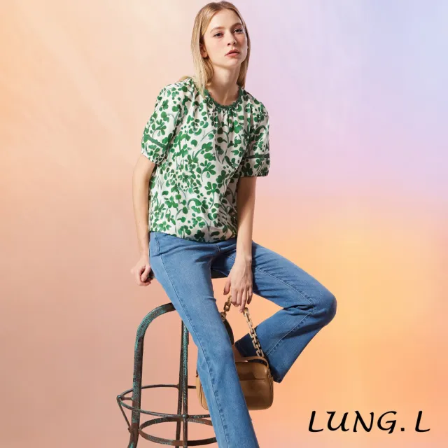 【LUNG.L 林佳樺】LU43A 白底綠花織帶圓領棉質短袖女裝上衣