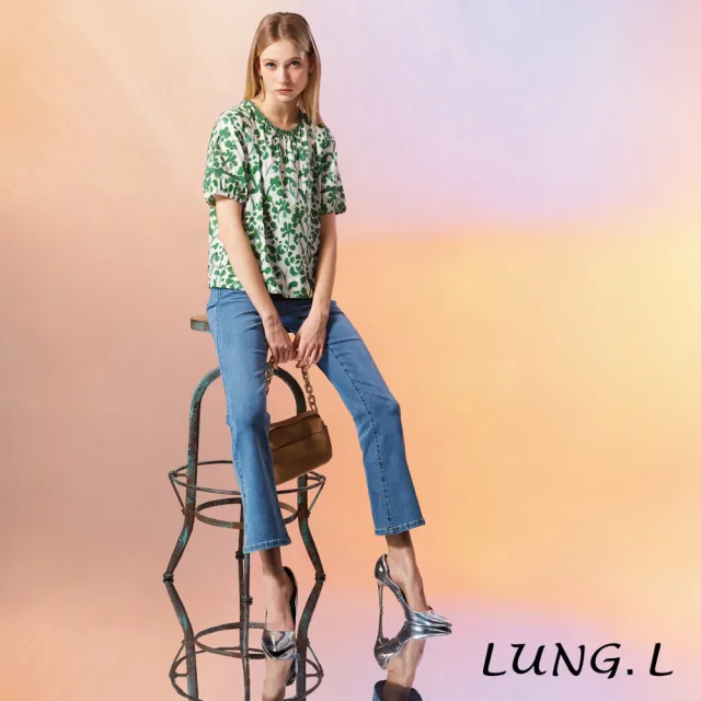 【LUNG.L 林佳樺】LU43A 白底綠花織帶圓領棉質短袖女裝上衣
