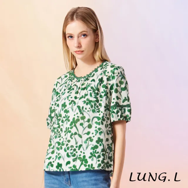 【LUNG.L 林佳樺】LU43A 白底綠花織帶圓領棉質短袖女裝上衣