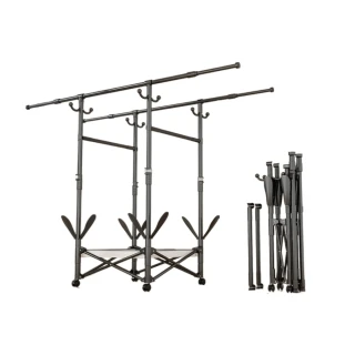 84-144CM家用雙桿可伸縮+網兜+鞋架+掛鉤掛衣架 折疊晾衣架 臥室陽臺落地式 免打孔曬衣架 掛衣架