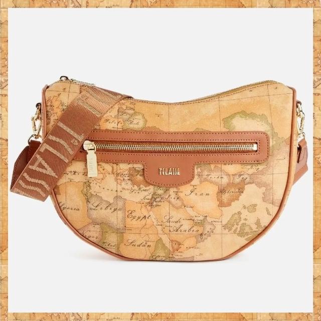 【Alviero Martini】義大利地圖包 水餃寬揹帶側背包28cm(地圖黃)