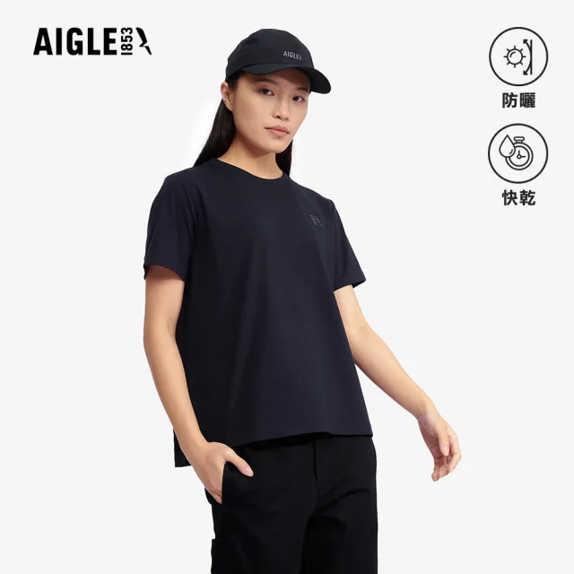 【AIGLE】女 抗UV快乾短袖T恤｜AG-5P224A100 黑色(女上衣 T恤 快乾 吸濕排汗 短袖T恤 防曬 抗UV)