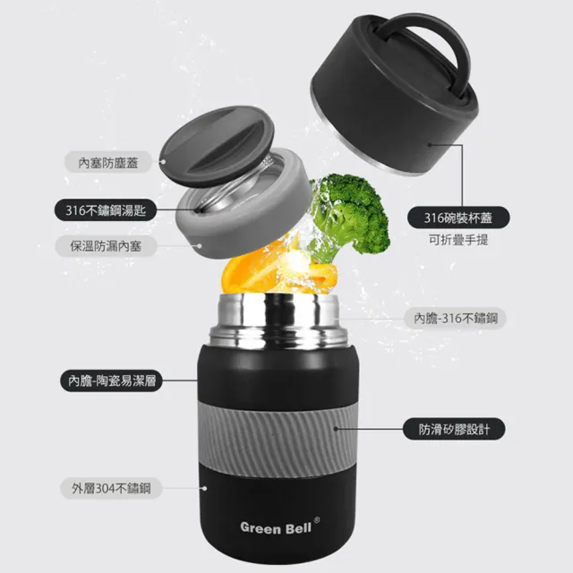 【GREEN BELL 綠貝】316不鏽鋼陶瓷悶燒罐1000ml-附背帶3色組(大容量 保溫 保冷 陶瓷內膽 不留味 SGS)
