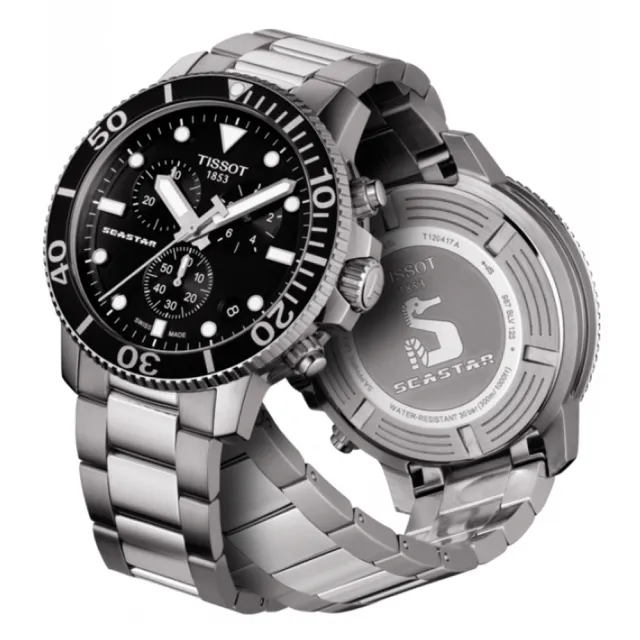 【TISSOT 天梭】Seastar 1000 海洋之星黑水鬼300米潛水三眼計時石英錶-45.5mm 父親節 送禮(T1204171105100)
