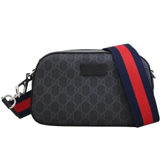 【GUCCI 古馳】GG Supreme 經典雙G印花可拆背帶方包斜背包 24cm(黑灰)