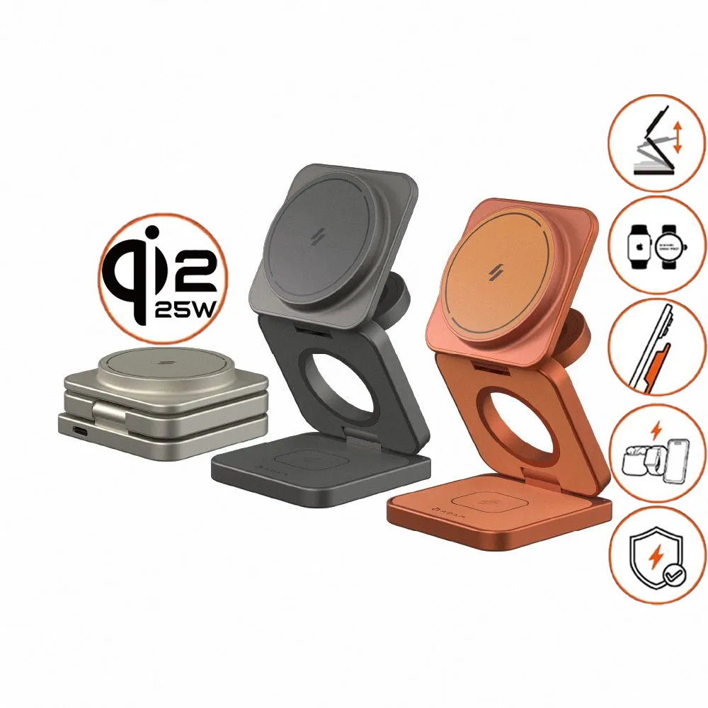 【ADAM 亞果元素】Mag 3 Ultra Qi2.2 25W 折疊式三合一無線充電座(無線/Magsafe)