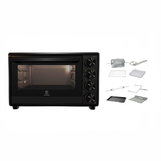  Electrolux伊萊克斯 EOT3215XFG 電烤箱，30-40L大容量不鏽鋼內部，適閤家庭烘焙與氣炸料理。尺寸長352 x 寬523 x 高337 mm，重量8.04Kg，110V/60Hz電壓，消耗功率1400~1500W。配件齊全，包括集屑盤、燒烤架、搪瓷烤盤、取盤夾、旋轉烤叉、取物支架、旋轉烤籠及氣炸網籃。電源線長0.8公尺，產地中國，提供1年保固，BSMI許可字號R33428。高效能家用烤箱，輕鬆製作美味料理！ 
