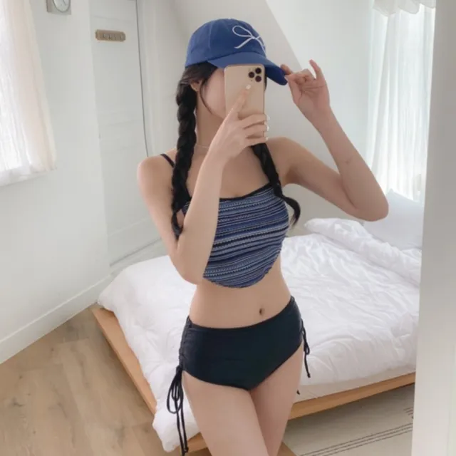 【AS 梨卡】兩件式泳裝 泳衣 比基尼 保守泳裝 條紋比基尼 小胸聚攏 高腰泳褲 海邊泳裝FC0889