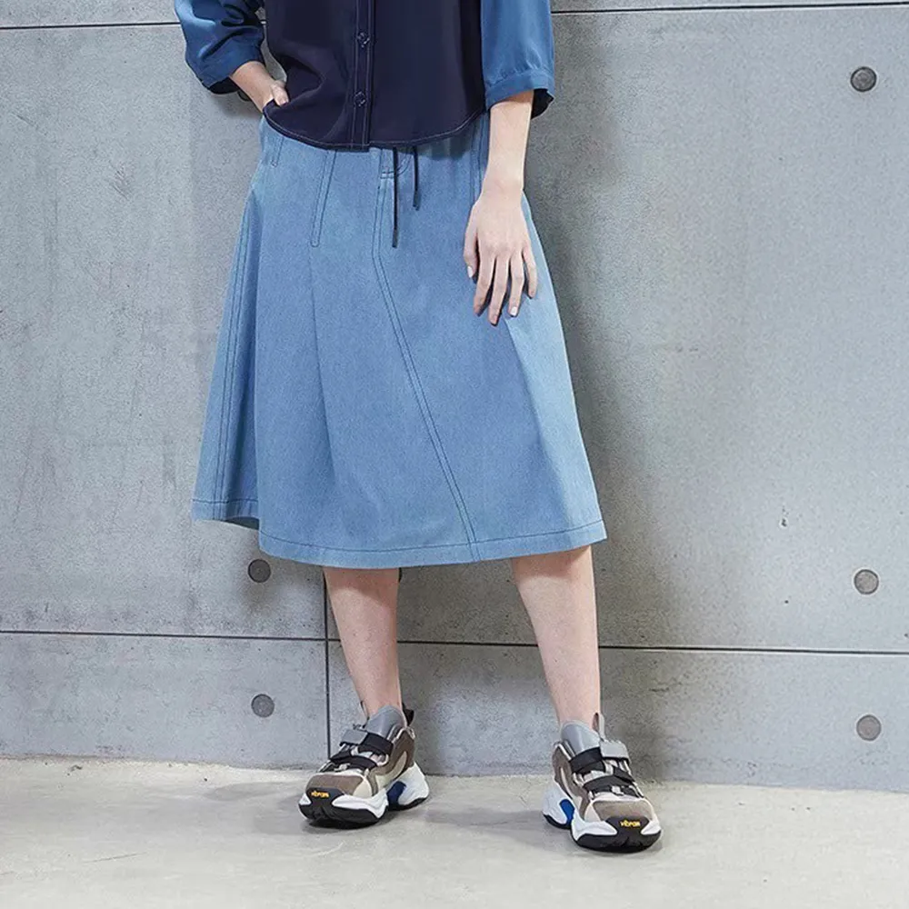 【ICHE 衣哲】Cop.Copine 法國原裝進口水洗藍棉麻簡約百搭半長圓裙