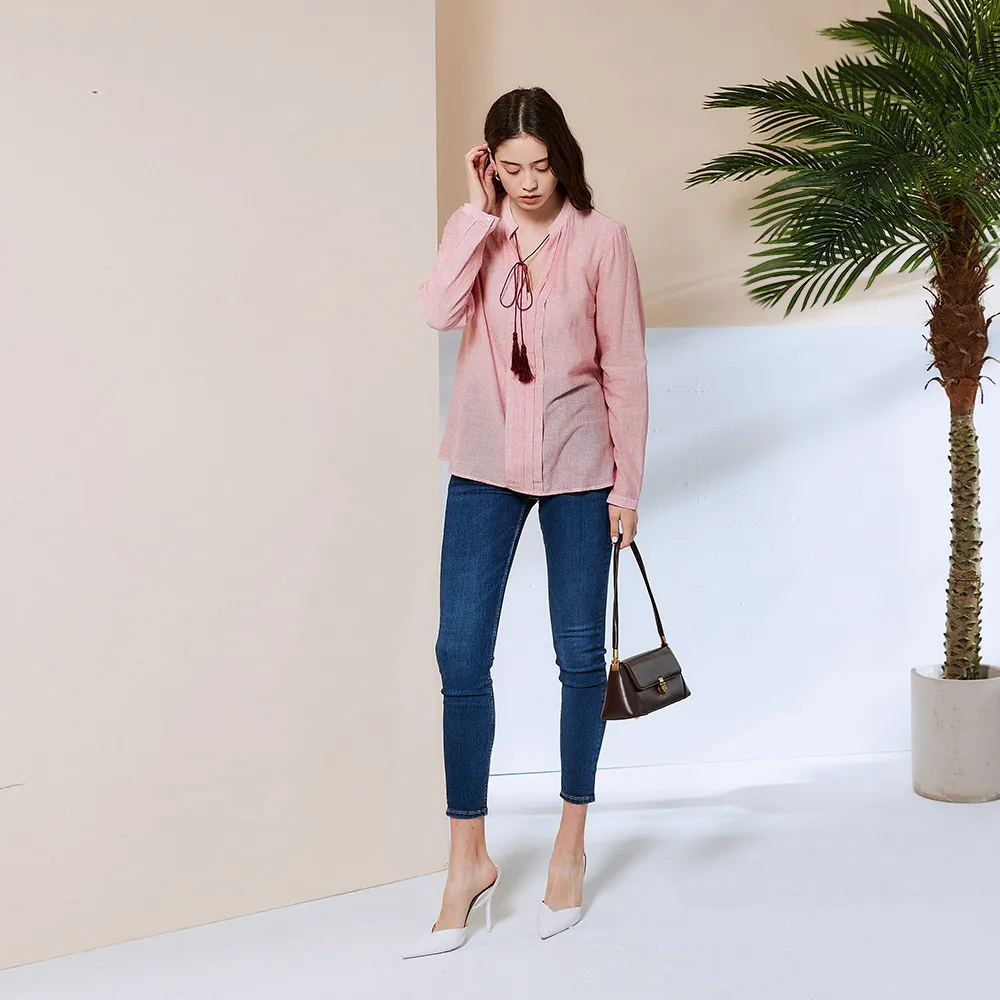 【ICHE 衣哲】Cop.Copine 法國原裝進口流蘇造型襯衫上衣-花簇粉