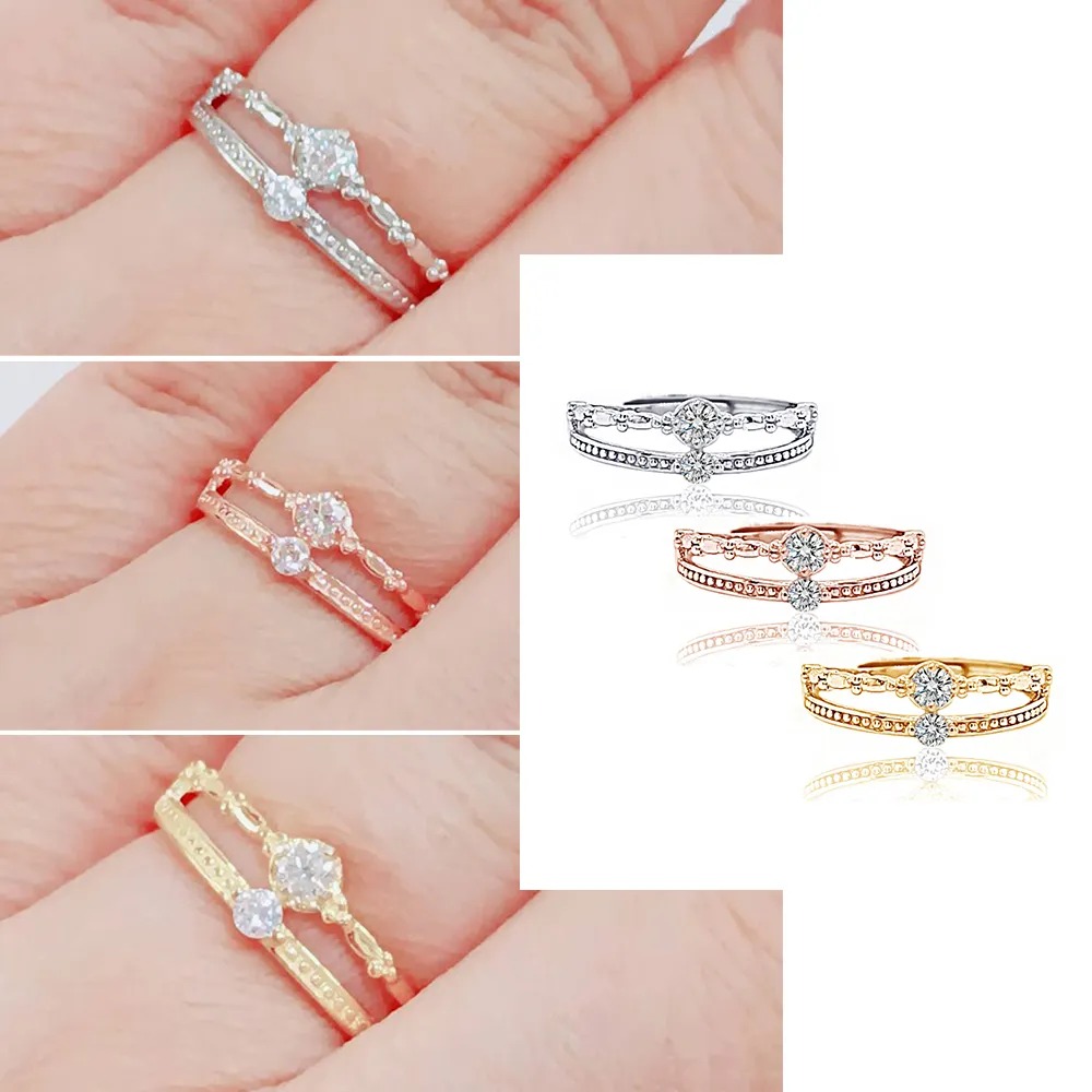 【Luster】38女王!10分 D/VS 皇冠 培育鑽 純銀/玫瑰金/黃K金 雙層 戒指-任選(做自己最閃耀的公主)