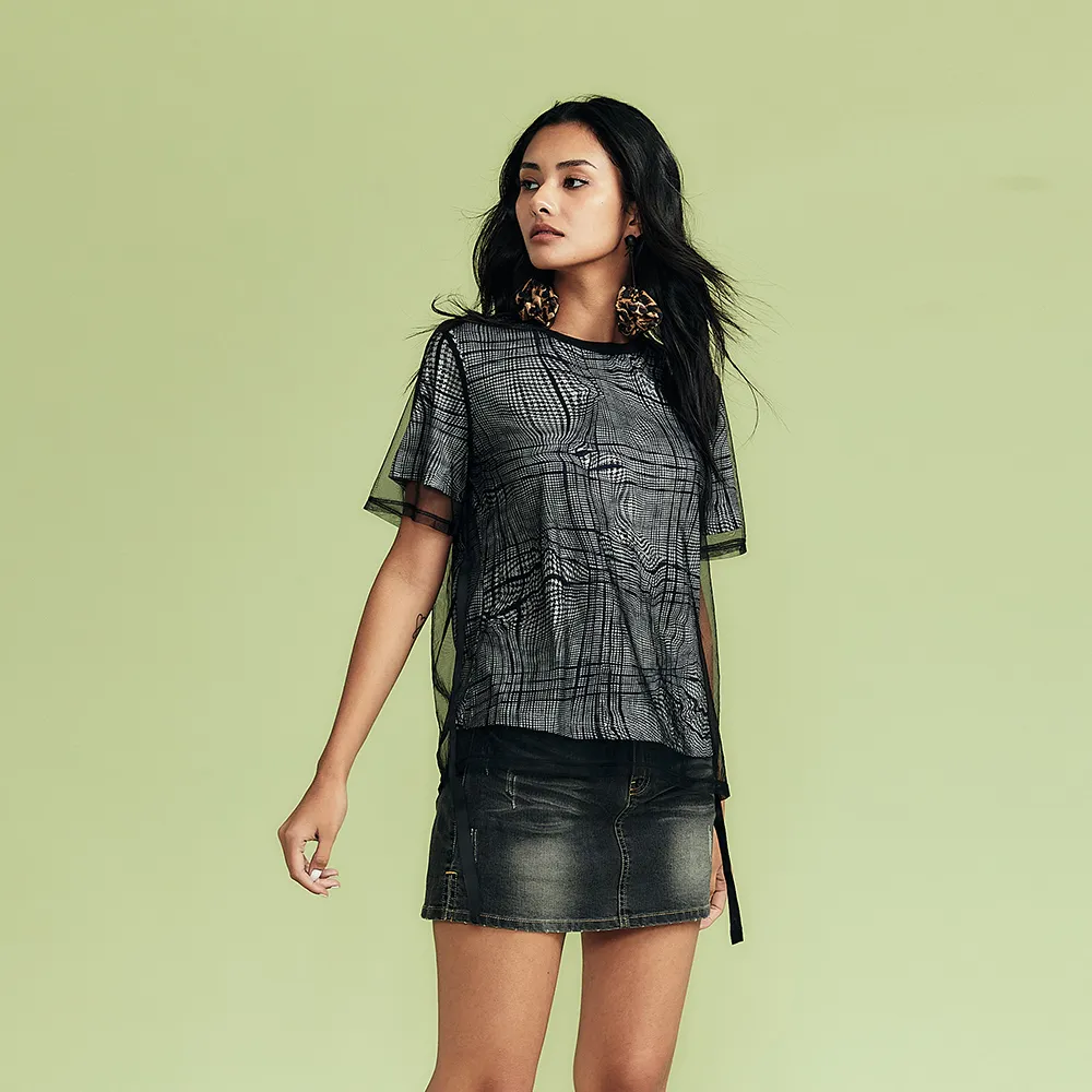 【ICHE 衣哲】Cop.Copine 法國原裝進口法式格紋透視拼接上衣