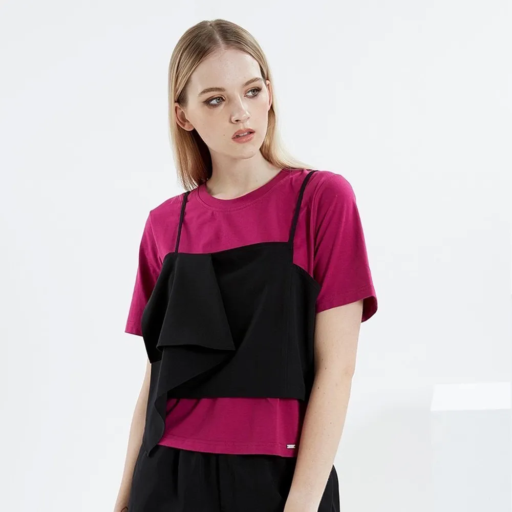 【ICHE 衣哲】Cop.Copine 法國原裝進口假兩件不對稱撞色立體短袖造型上衣