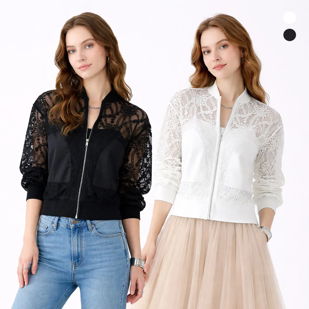 【MON’S】名品蕾絲襯衫感拉鍊外套(直)