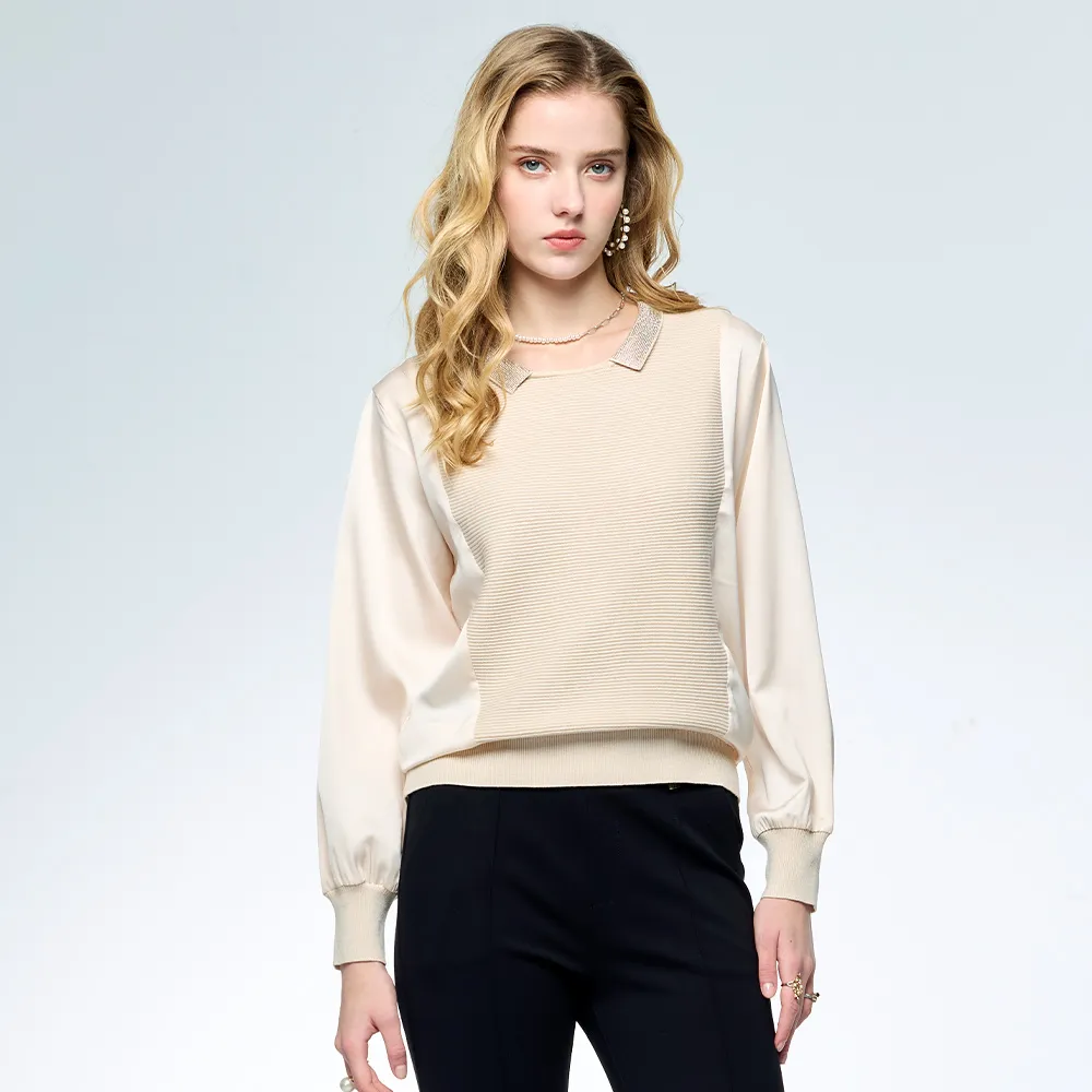 【MON’S】水鑽領拼接針織上衣(直)