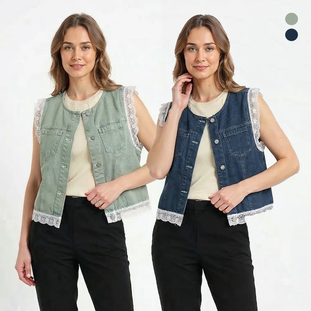 【MON’S】拼接蕾絲牛仔背心(直)