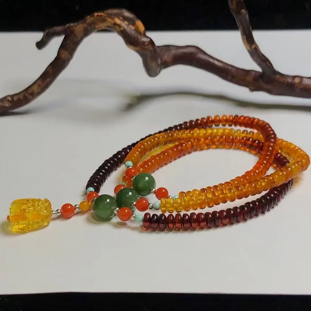 【勝弘珠寶】波羅的海琥珀彩虹算盤珠貔貅手串-3圈