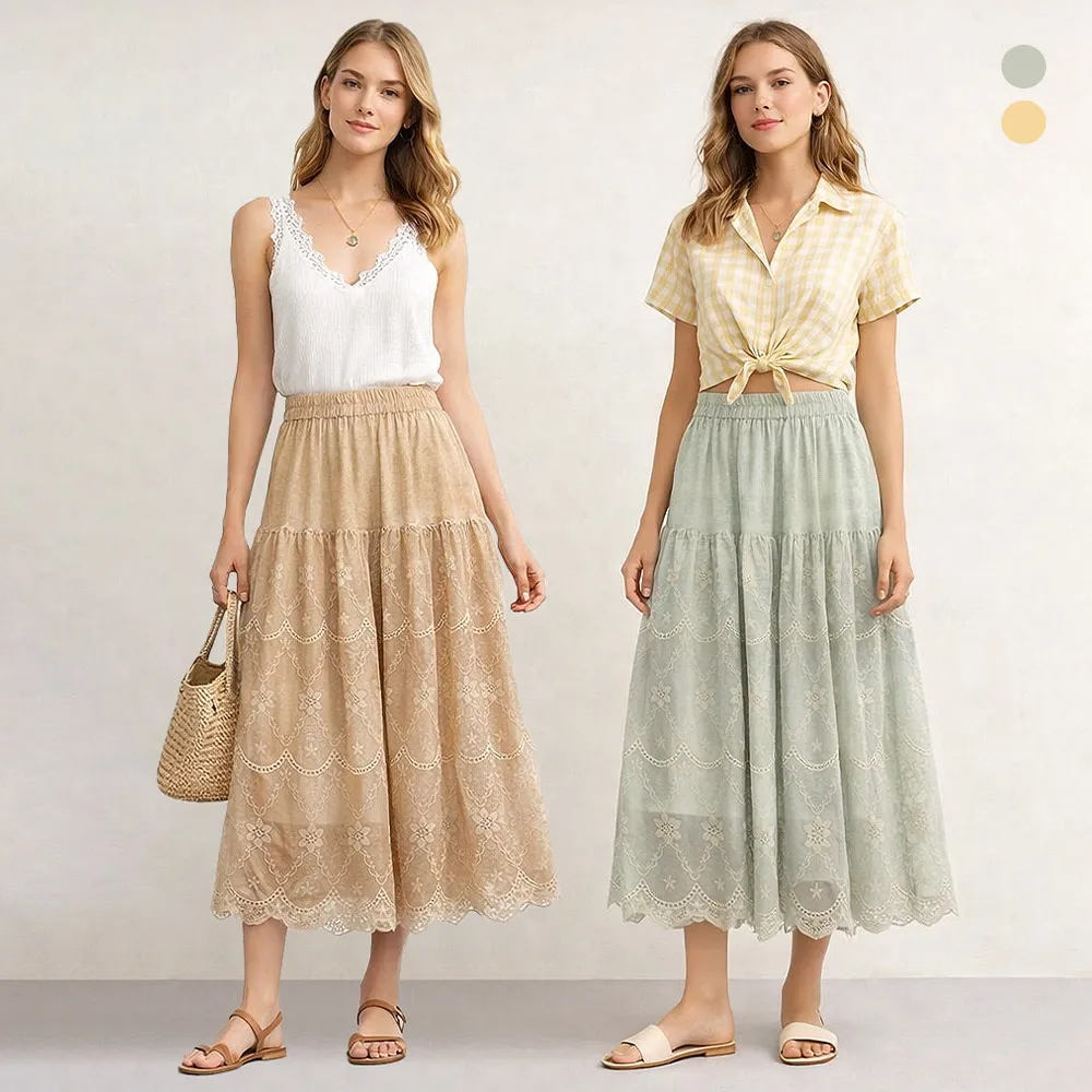 【MON’S】蕾絲拼接層次長裙(直)