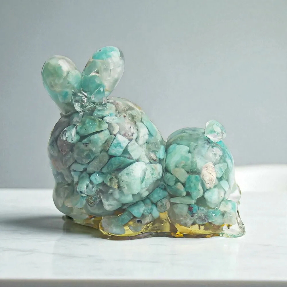 【赫本珠寶】($799)奧剛水晶小碎石晚安趴趴兔可愛擺件-天河石晚安趴趴兔(藍)