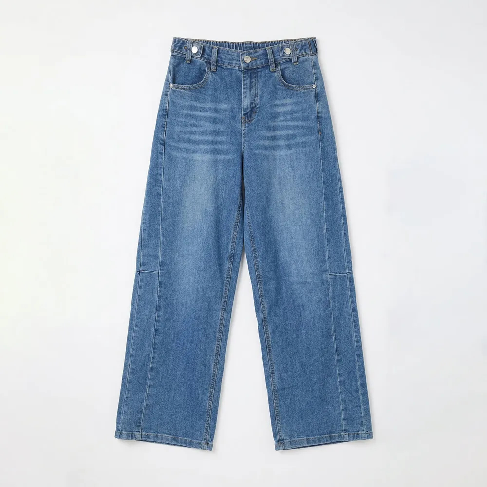 【MON’S】刷色高腰寬直筒牛仔褲(直)