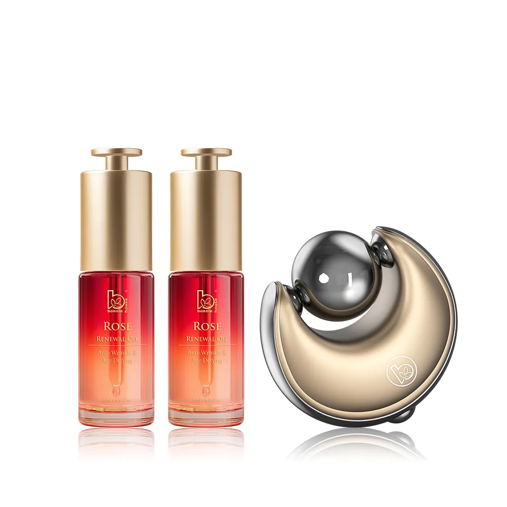 【Bonnie House 植享家】玫瑰馥活臻皙琥珀精華油15ml*2+冰川皓月喚顏臉部按摩器 - 霧銀金*1