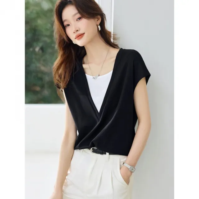 【ALLK 歐楷】新品上架 假兩件配色造型上衣 黑色 尺寸L-XXL/中大尺碼/涼爽/透氣