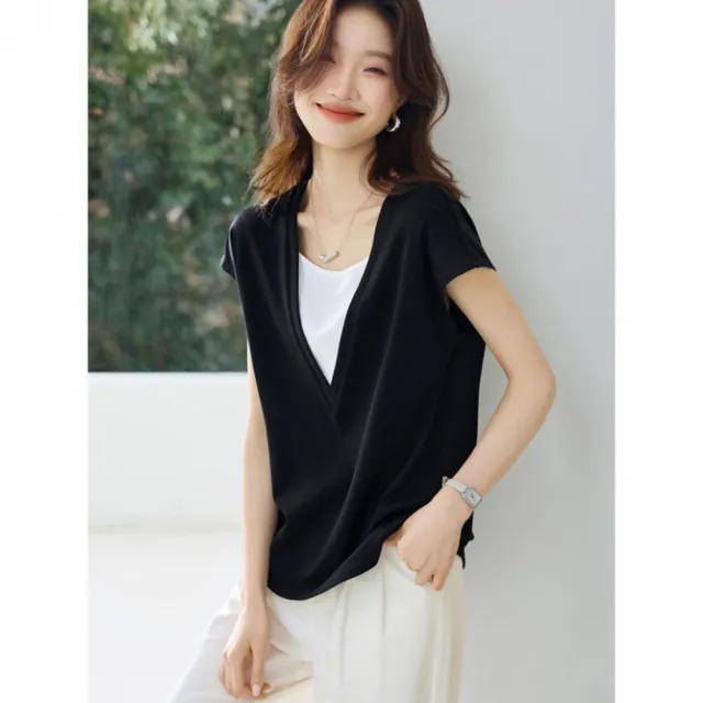 【ALLK 歐楷】新品上架 假兩件配色造型上衣 黑色 尺寸L-XXL/中大尺碼/涼爽/透氣