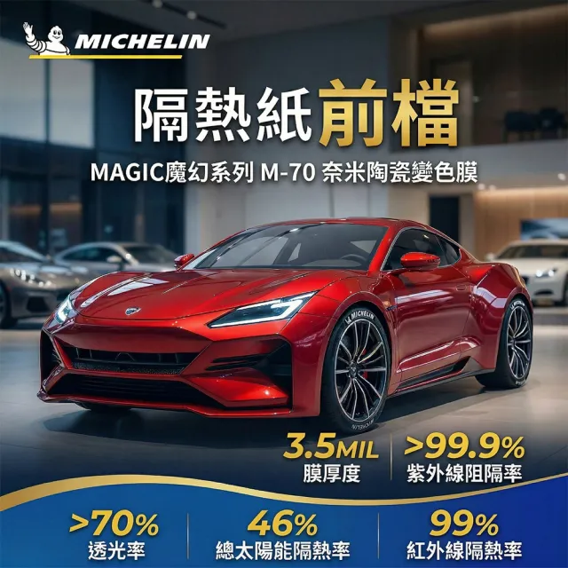 【Michelin 米其林】附全台灣安裝 MAGIC魔幻系列 智能變色奈米陶瓷熱熔高隔熱膜 M-70 (前檔)