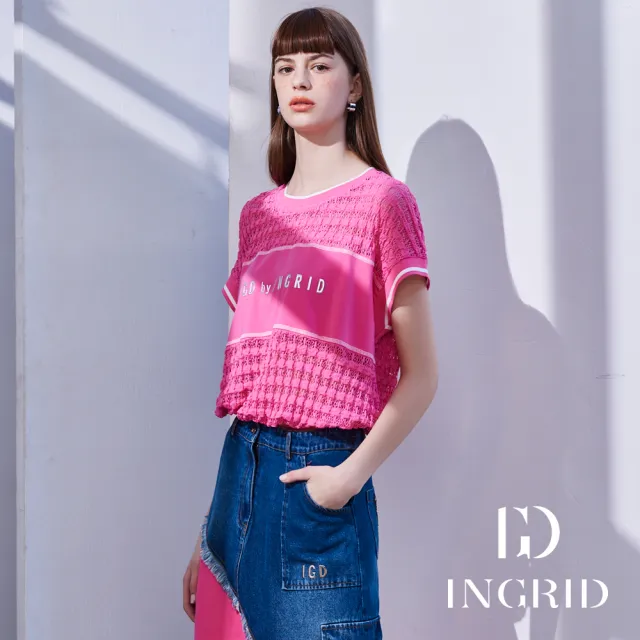 【IGD 英格麗】實體同步款-IGD立體字母蕾絲泡泡長版造型上衣-桃紅