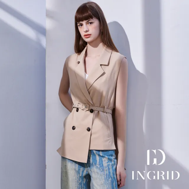 【IGD 英格麗】實體同步款-西裝感雙排釦背心外套-杏色